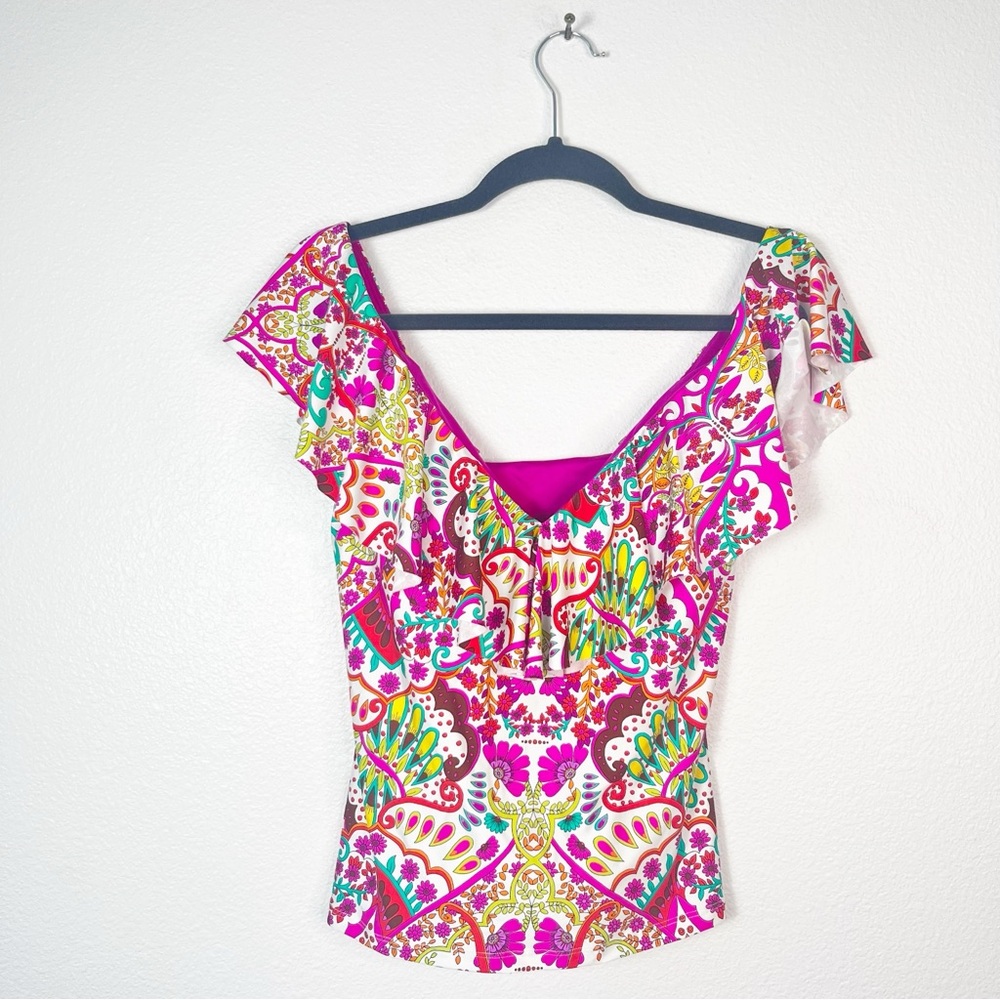 NEW TRINA TURK SWIM Hawaiian Garden Ruffle V-Neck Tankini Swim Top Size 6 Small